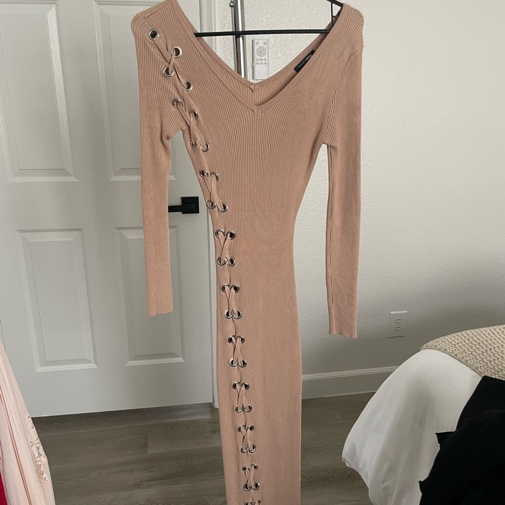 Fashion Nova Lace-Up Long Sleeve Dress in Tan